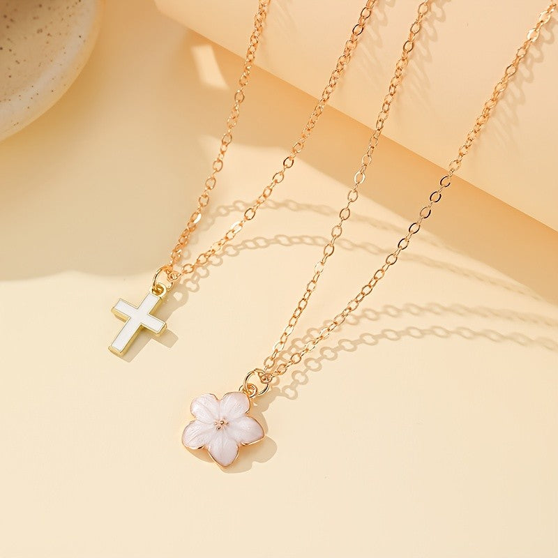 Sakura Flower & Cross Layered Necklace