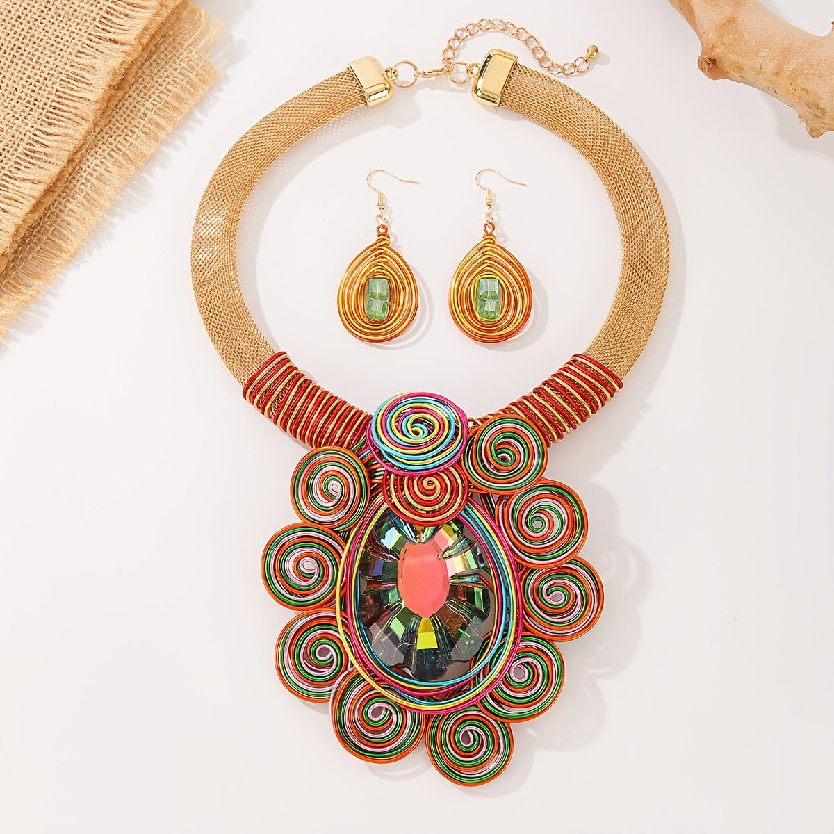 Teal Spiral Crystal Necklace & Earrings Set