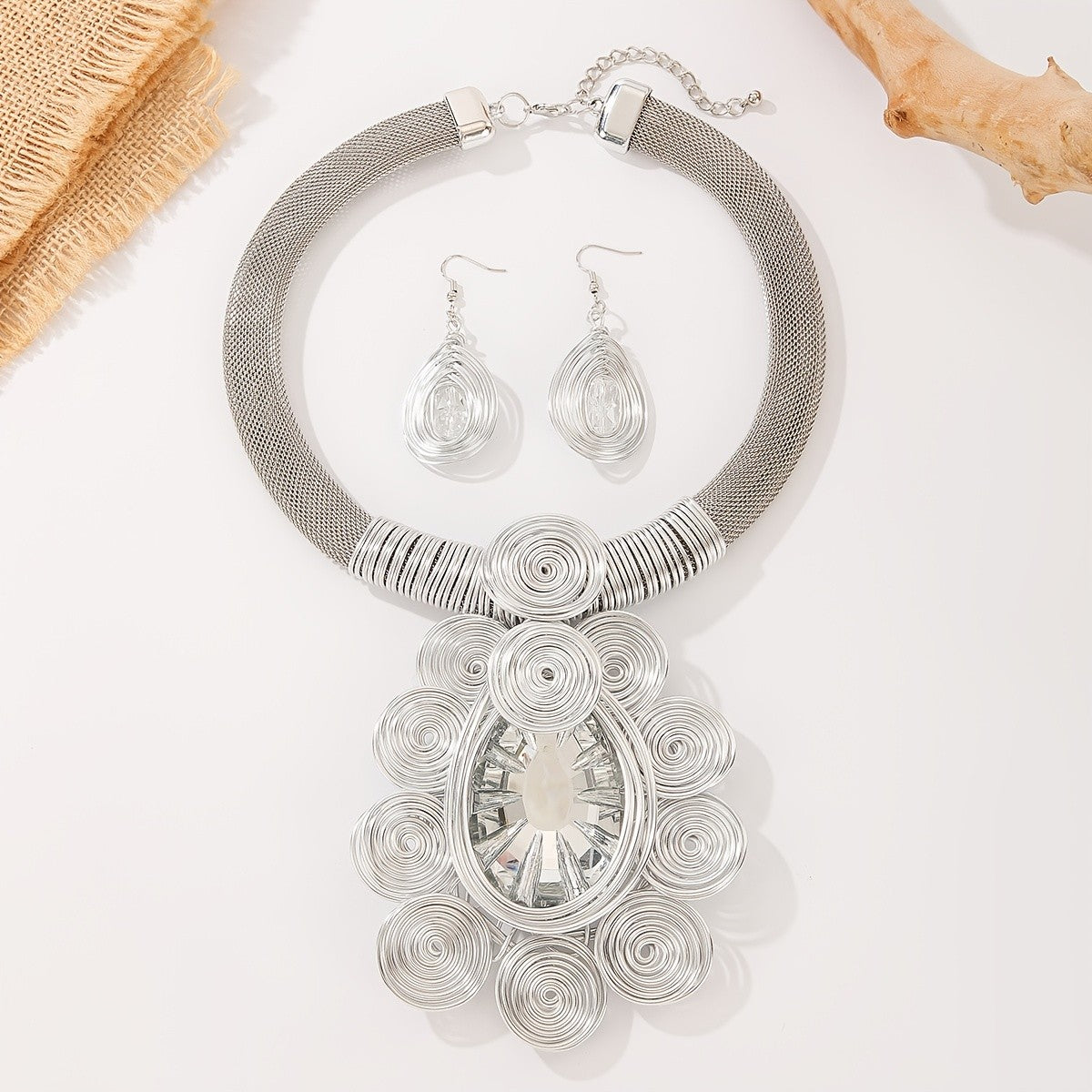 Teal Spiral Crystal Necklace & Earrings Set