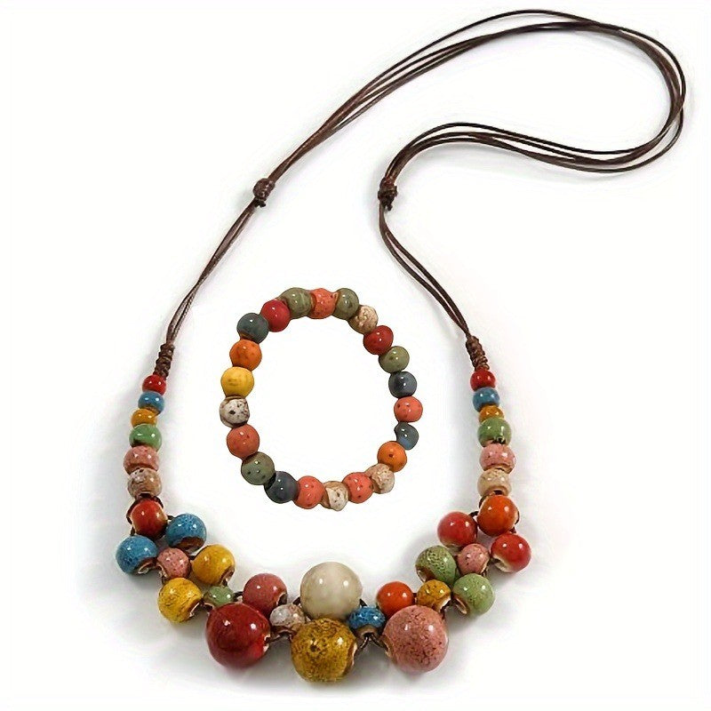 Multicolor Ceramic Bead Necklace & Bracelet Set