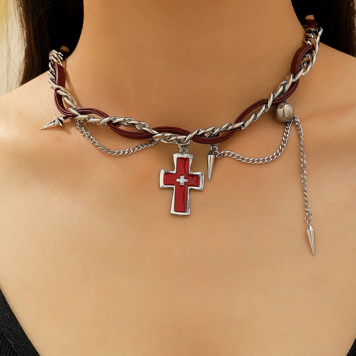 Red Cross & Burgundy Cord Necklace