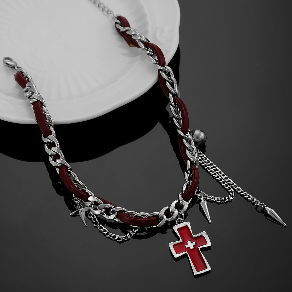 Red Cross & Burgundy Cord Necklace