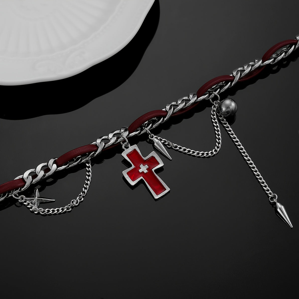 Red Cross & Burgundy Cord Necklace