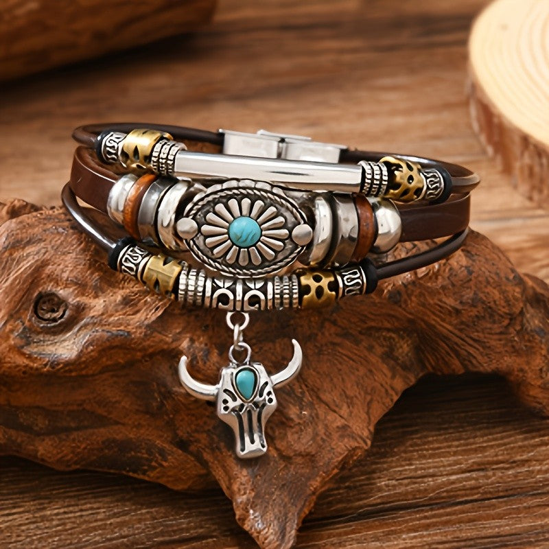 Turquoise Sunflower & Bull Head Leather Bracelet