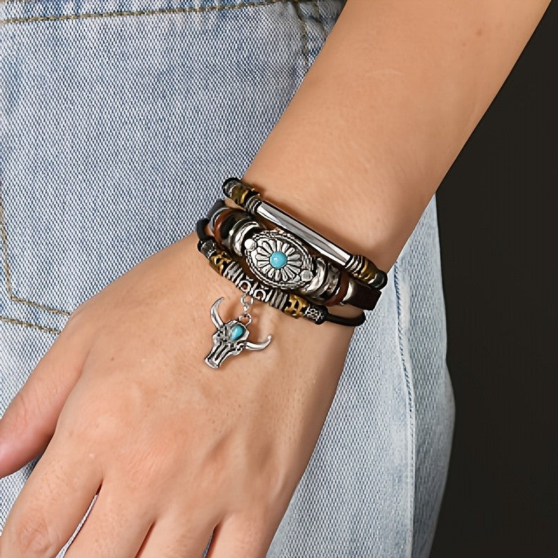 Turquoise Sunflower & Bull Head Leather Bracelet