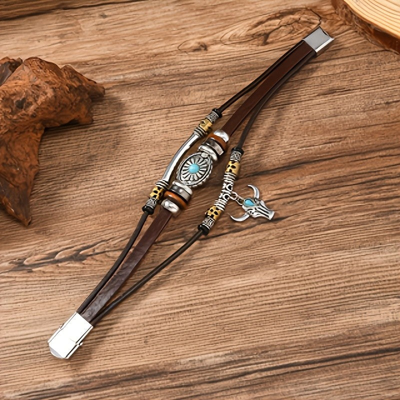 Turquoise Sunflower & Bull Head Leather Bracelet