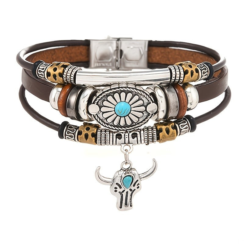 Turquoise Sunflower & Bull Head Leather Bracelet