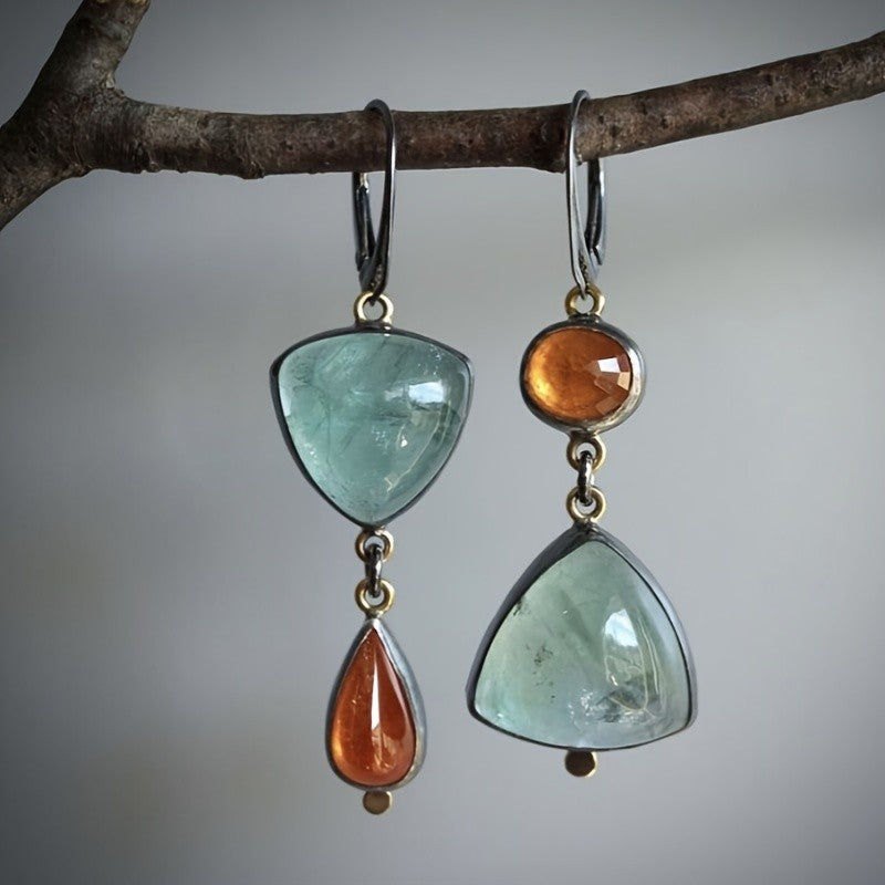 Teal Triangle & Amber Drop Earrings