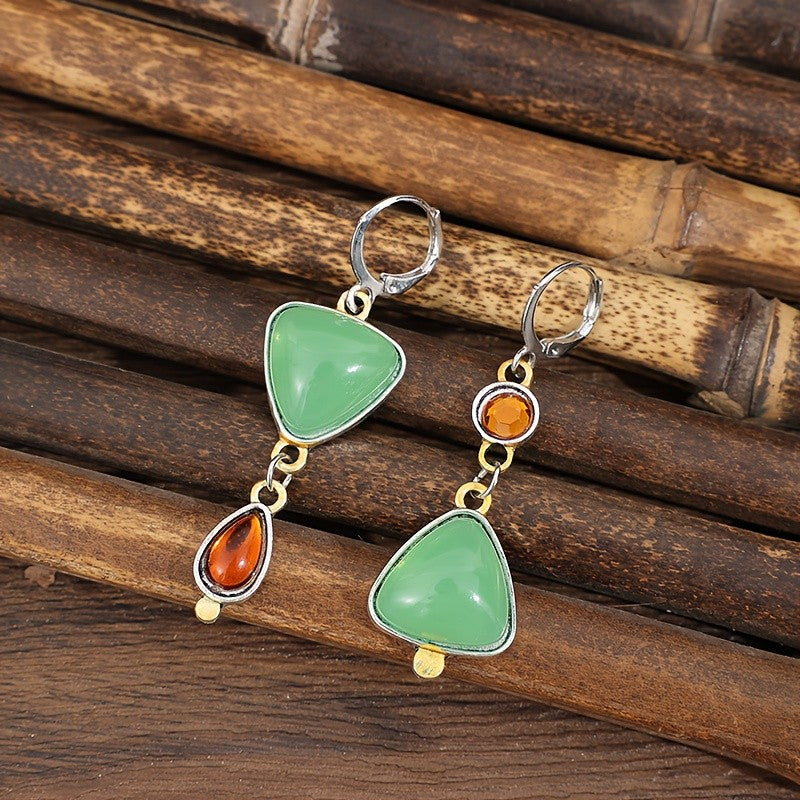 Teal Triangle & Amber Drop Earrings