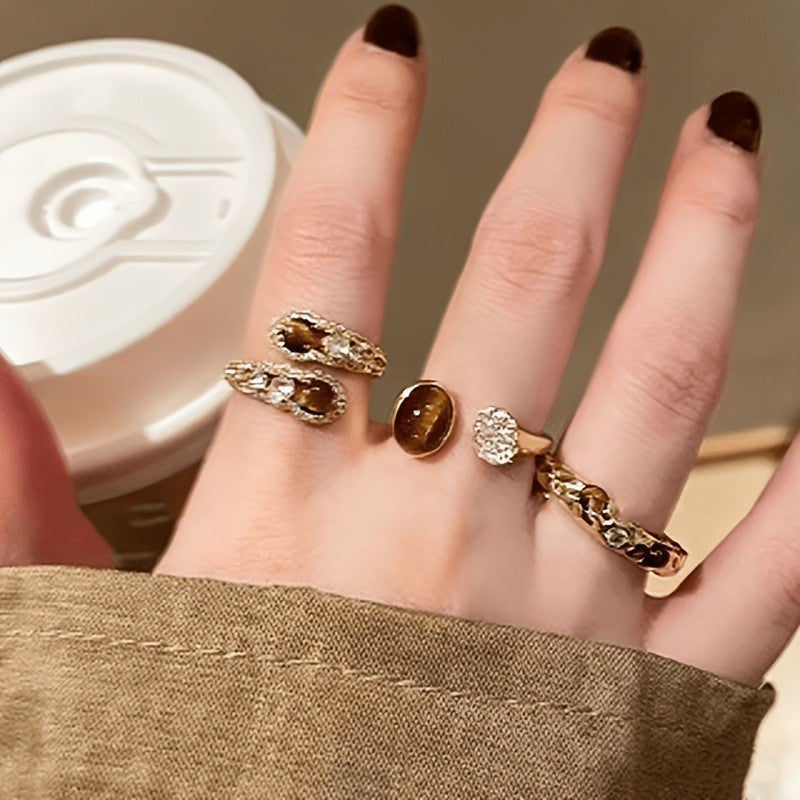 Tiger Eye & Crystal Ring Set