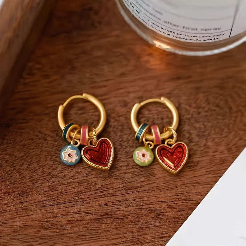 Enamel Heart & Flower Hoop Earrings