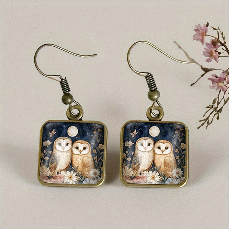 Floral Owl Square Earrings
