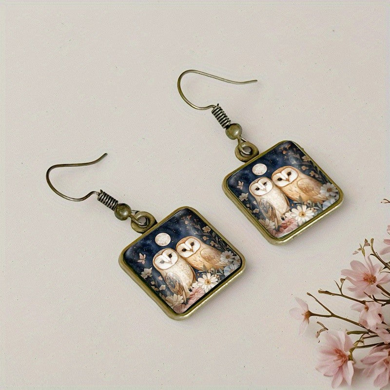 Floral Owl Square Earrings
