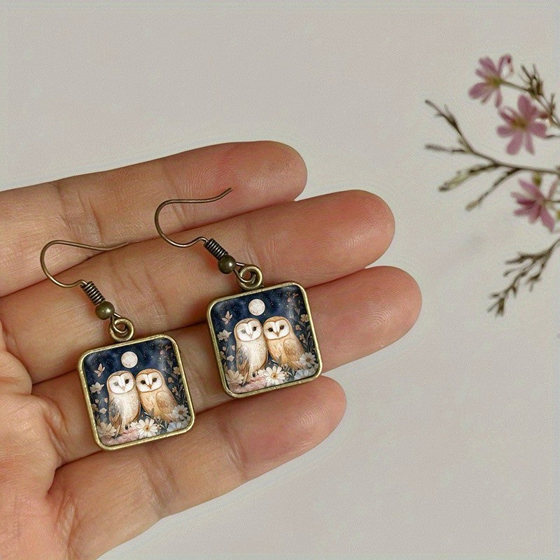 Floral Owl Square Earrings