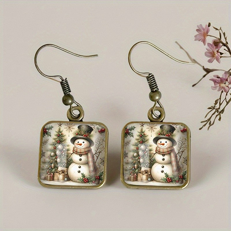 Snowman Scene Square Drop Earrings