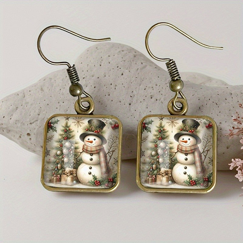 Snowman Scene Square Drop Earrings