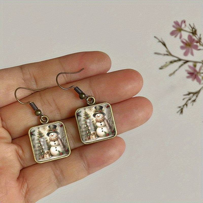 Snowman Scene Square Drop Earrings