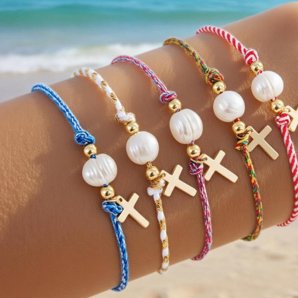 Faux Pearl Cross Rope Bracelet
