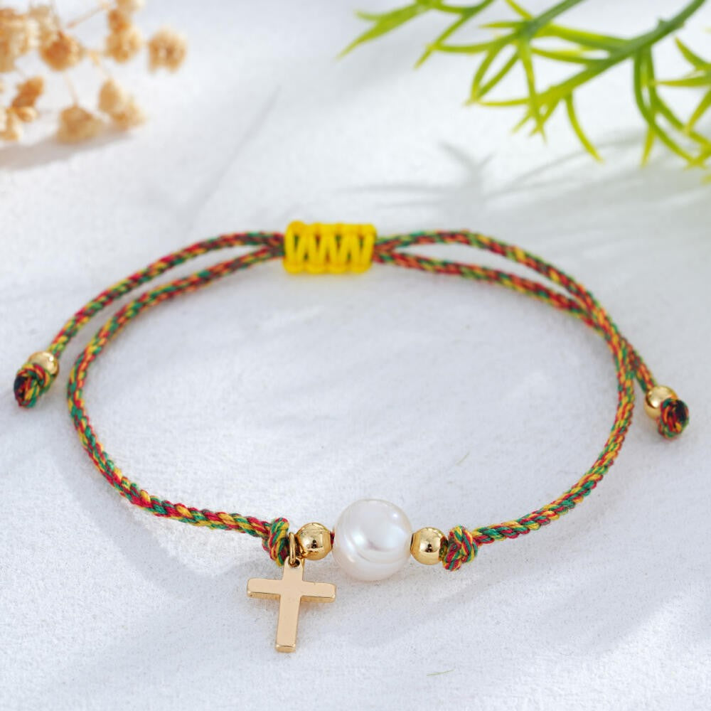 Faux Pearl Cross Rope Bracelet