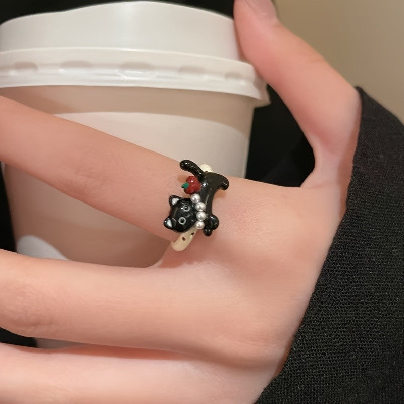 Black Cat & Flower Adjustable Ring Set