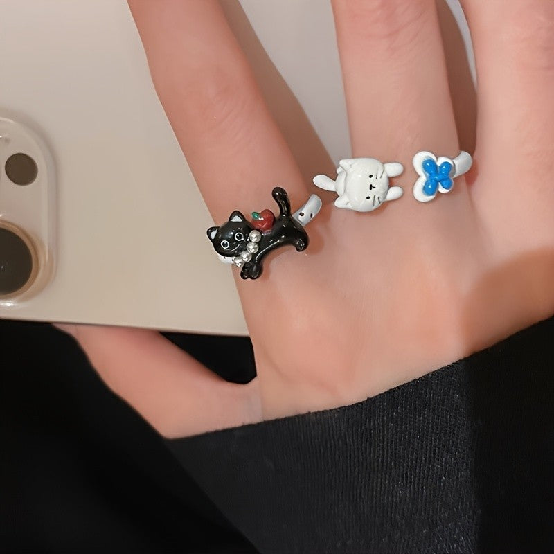 Black Cat & Flower Adjustable Ring Set