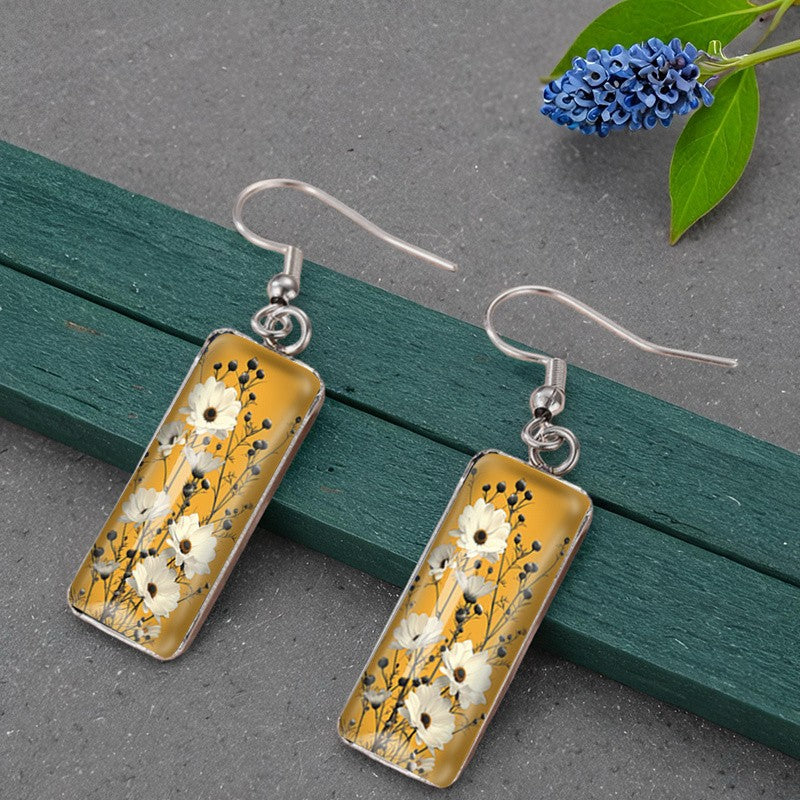 White Floral Rectangle Earrings