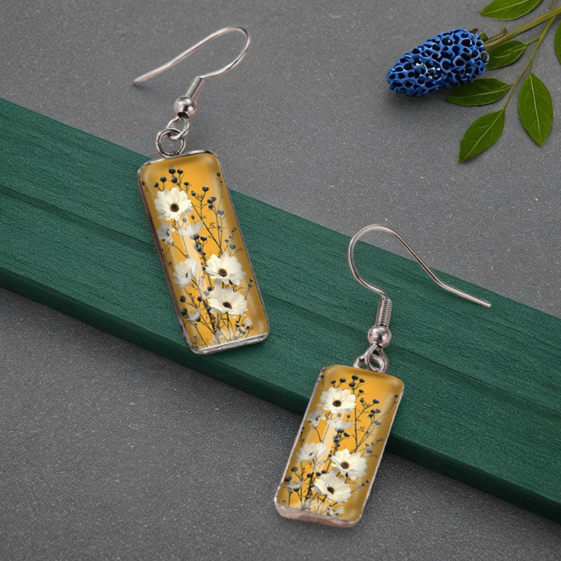 White Floral Rectangle Earrings
