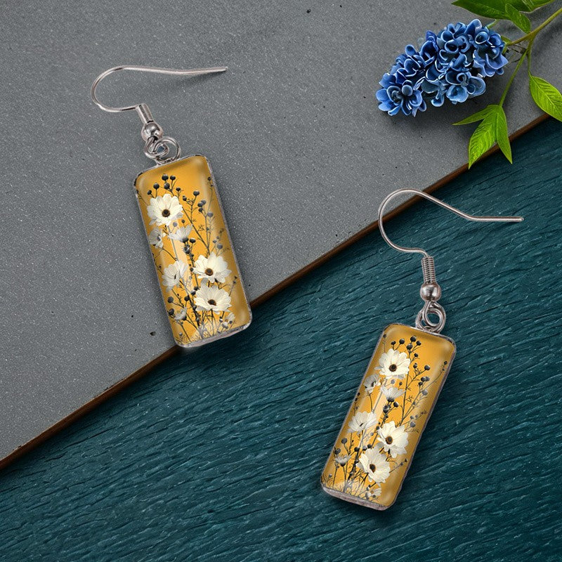 White Floral Rectangle Earrings