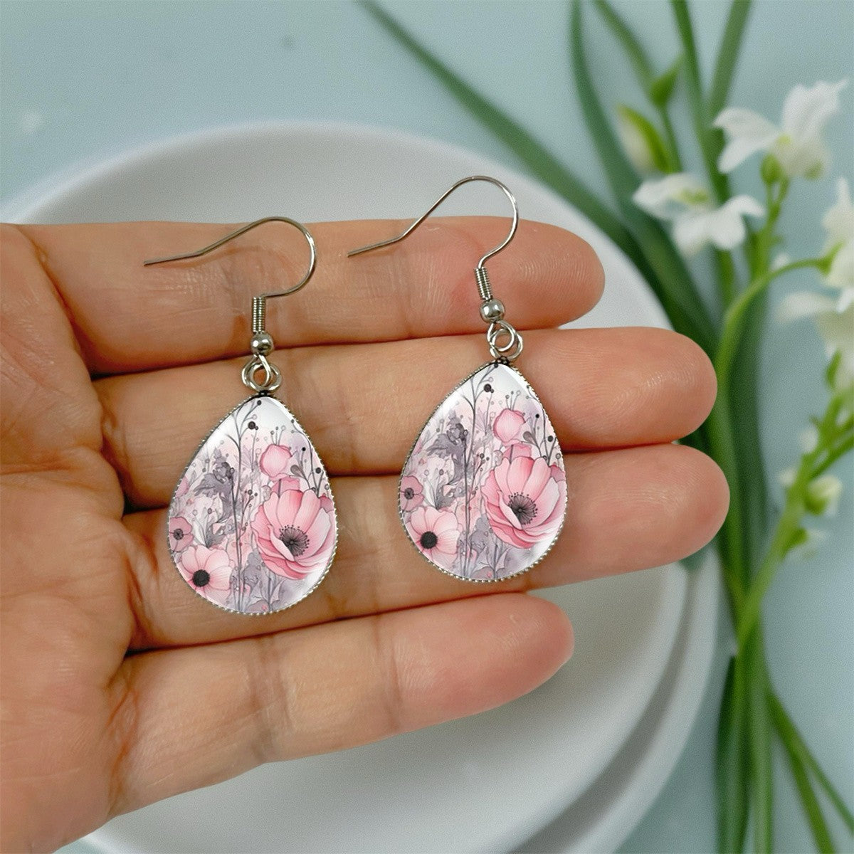 Watercolor Floral Teardrop Earrings