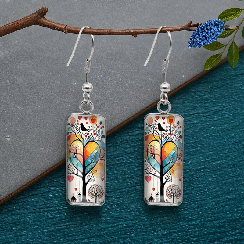 Colorful Tree & Bird Rectangular Earrings