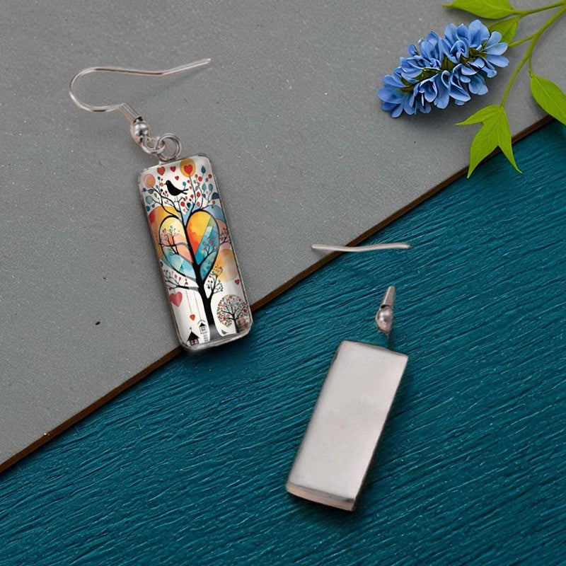 Colorful Tree & Bird Rectangular Earrings