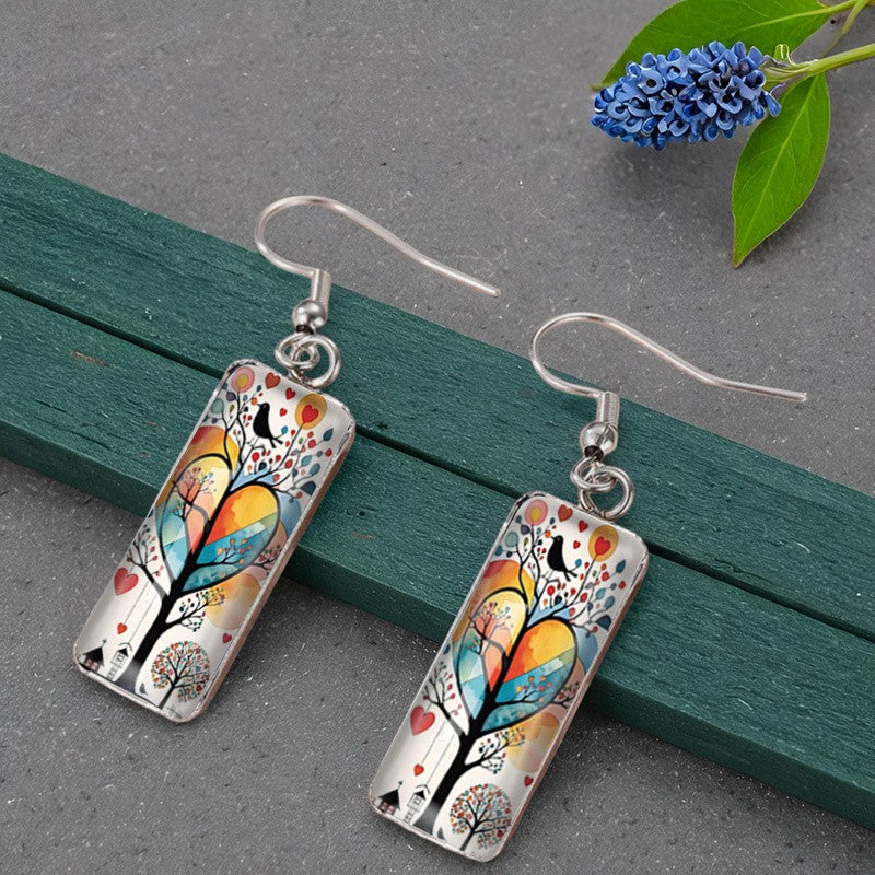 Colorful Tree & Bird Rectangular Earrings