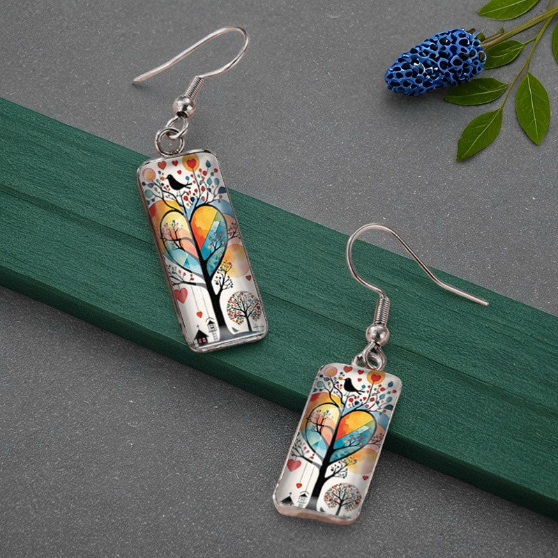 Colorful Tree & Bird Rectangular Earrings