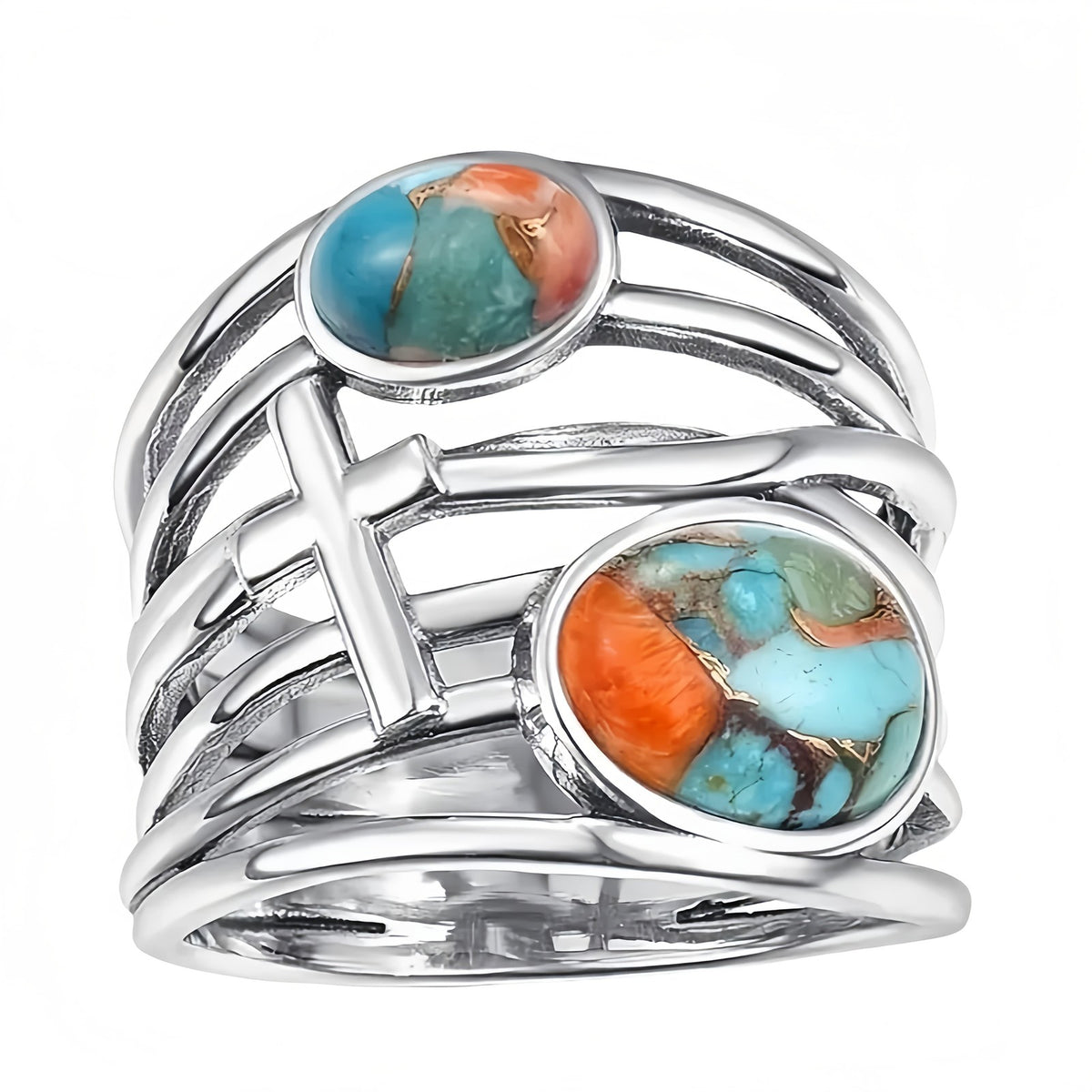 Turquoise Cross Wide Band Ring