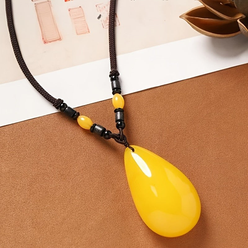 Yellow Amber Teardrop Pendant Necklace