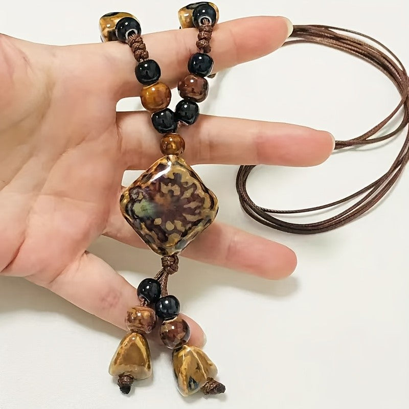 Marbled Ceramic Square Pendant Necklace