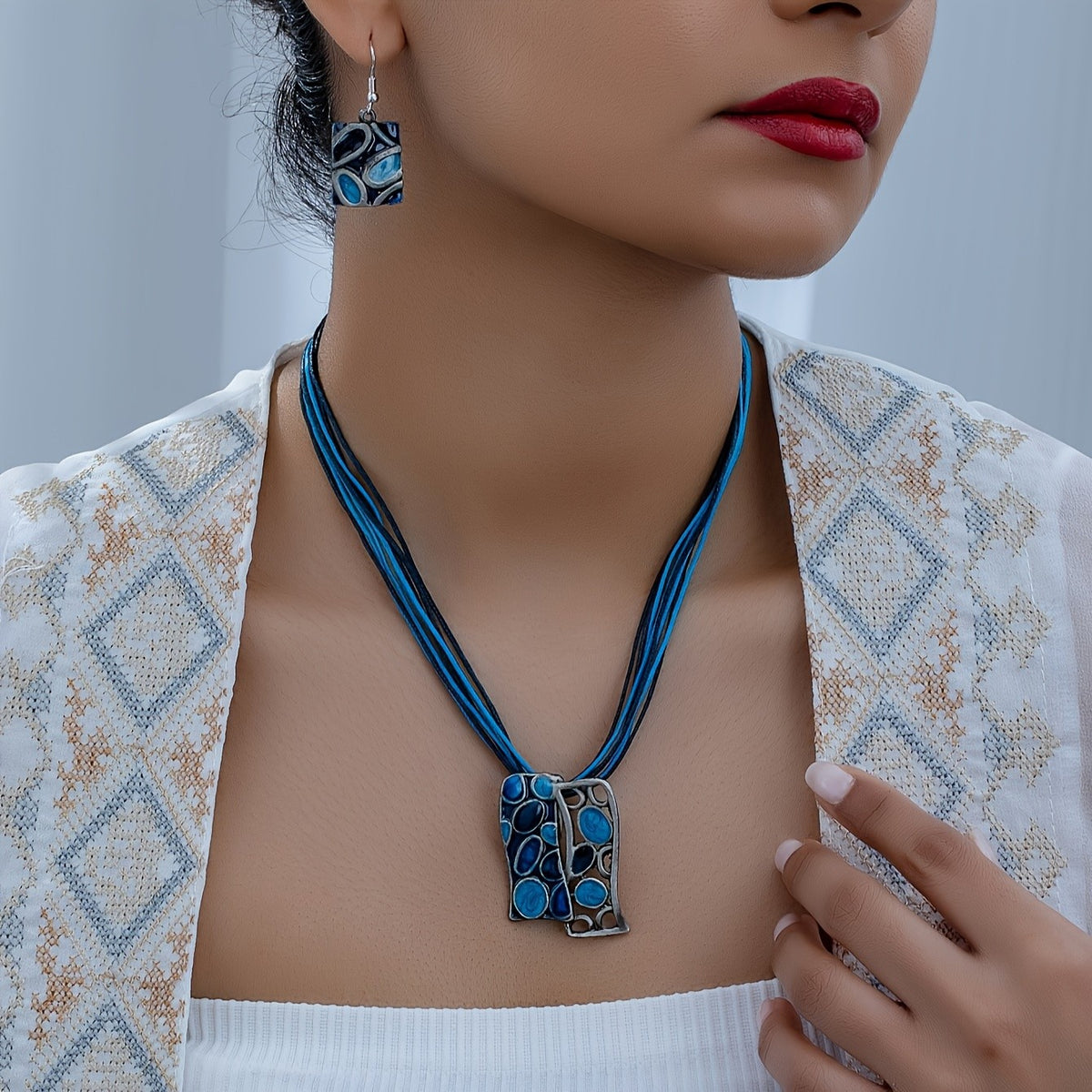 Blue Resin Mosaic Pendant Necklace & Earring Set