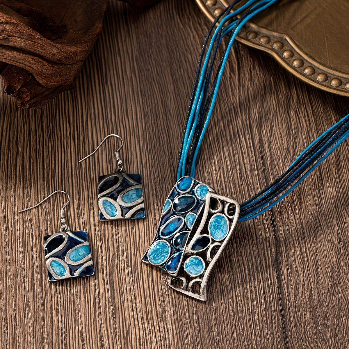 Blue Resin Mosaic Pendant Necklace & Earring Set