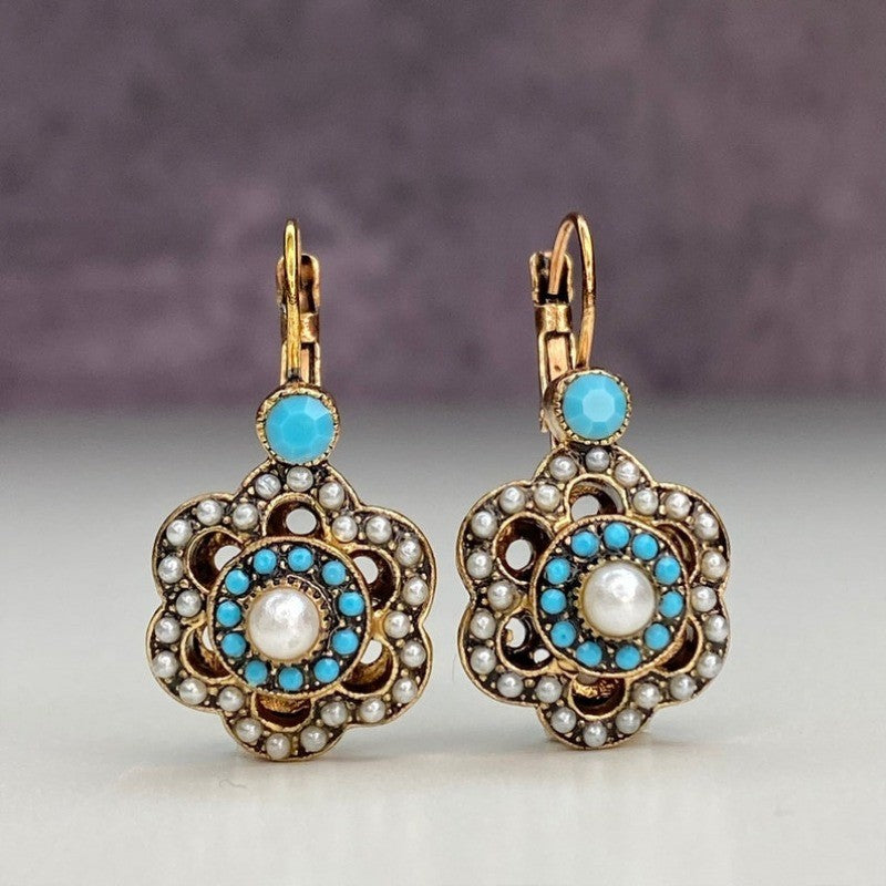 Turquoise Pearl Floral Drop Earrings