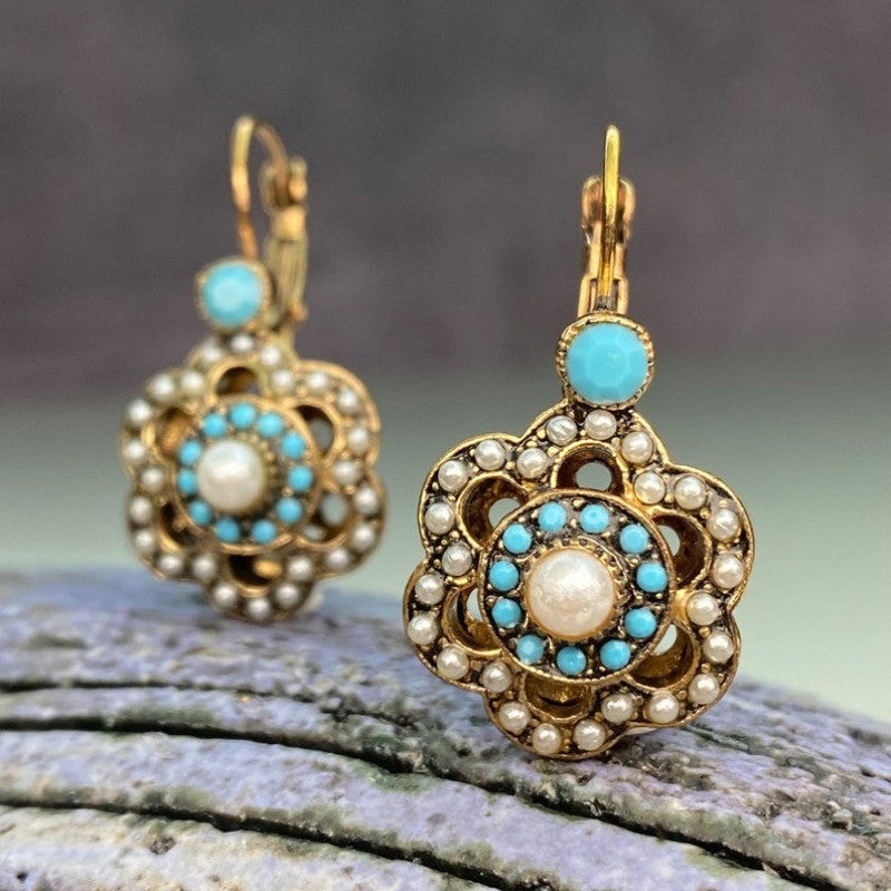 Turquoise Pearl Floral Drop Earrings