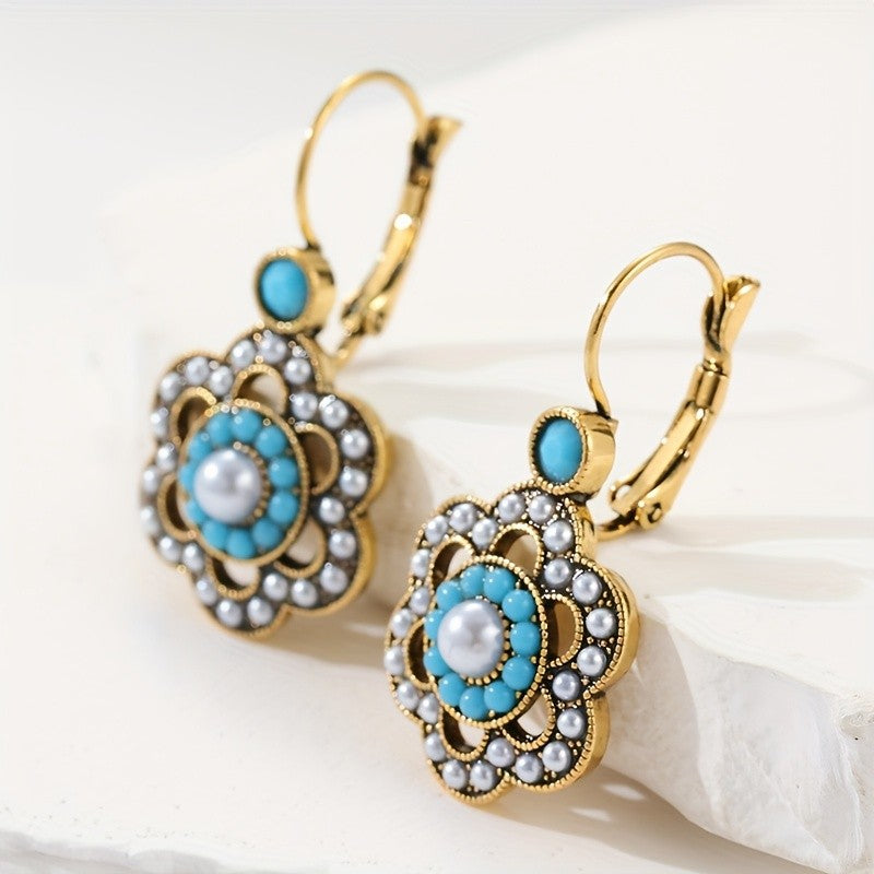 Turquoise Pearl Floral Drop Earrings