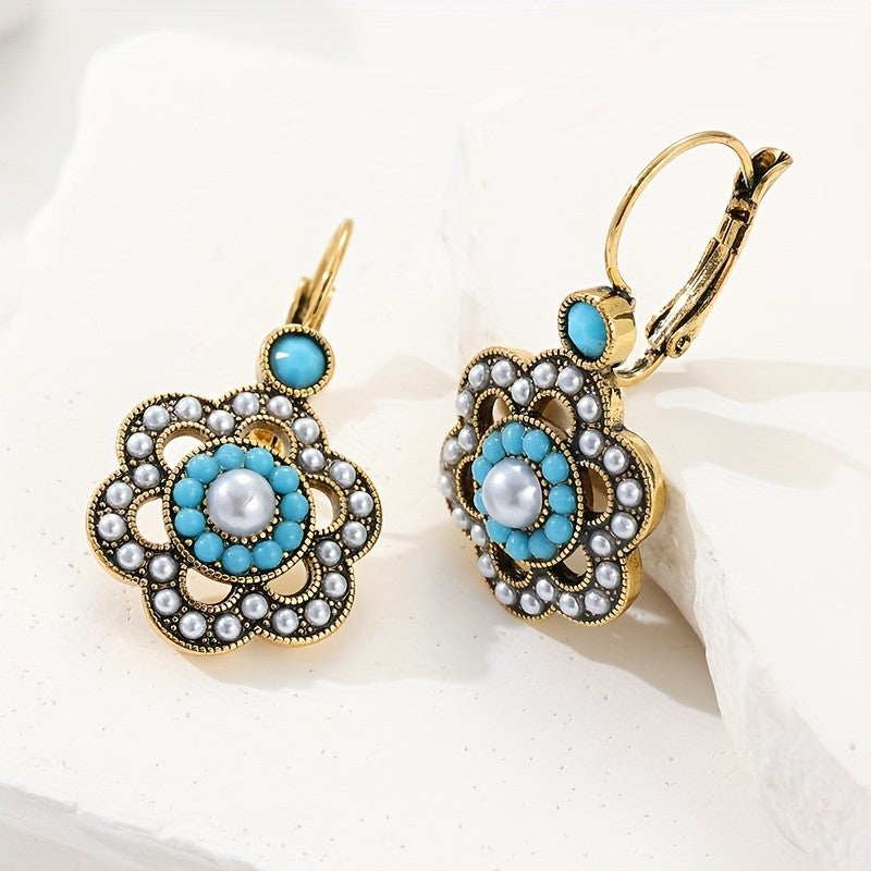 Turquoise Pearl Floral Drop Earrings