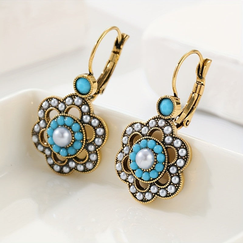 Turquoise Pearl Floral Drop Earrings