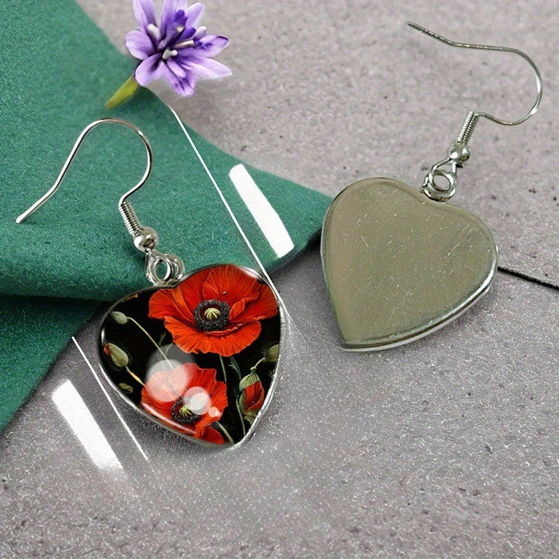 Red Poppy Heart Earrings
