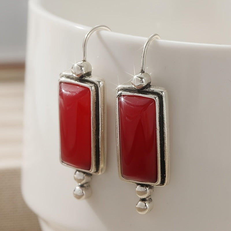 Red Rectangle Drop Earrings