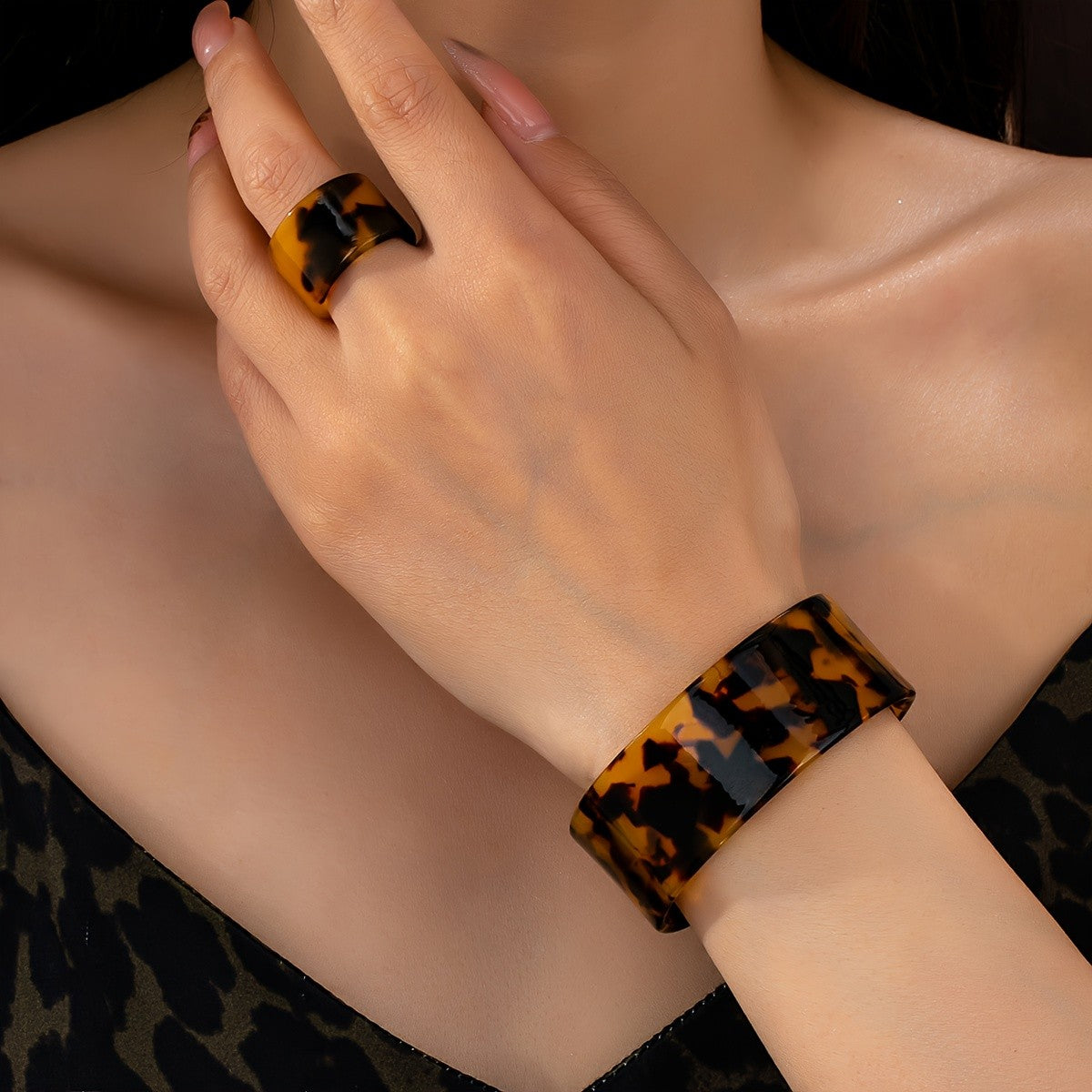 Leopard Print Wide Cuff & Ring Set