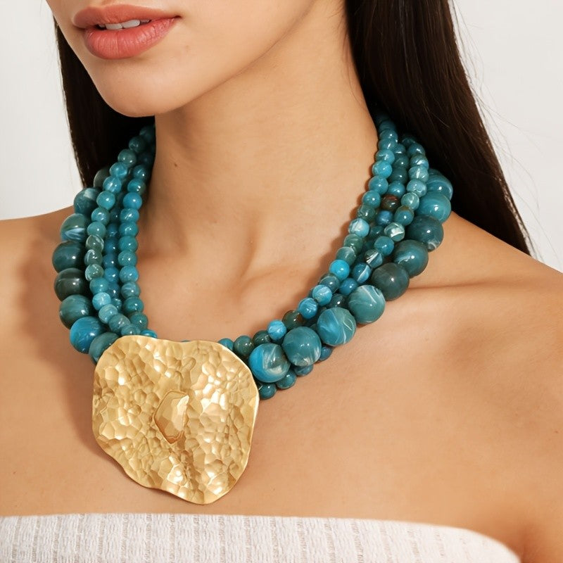 Blue Beaded Hammered Pendant Necklace