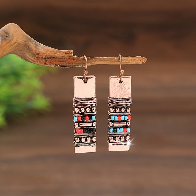 Copper Wire Wrapped Beaded Bar Earrings