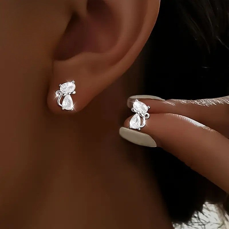 Crystal Cat & Oval Stud Earrings
