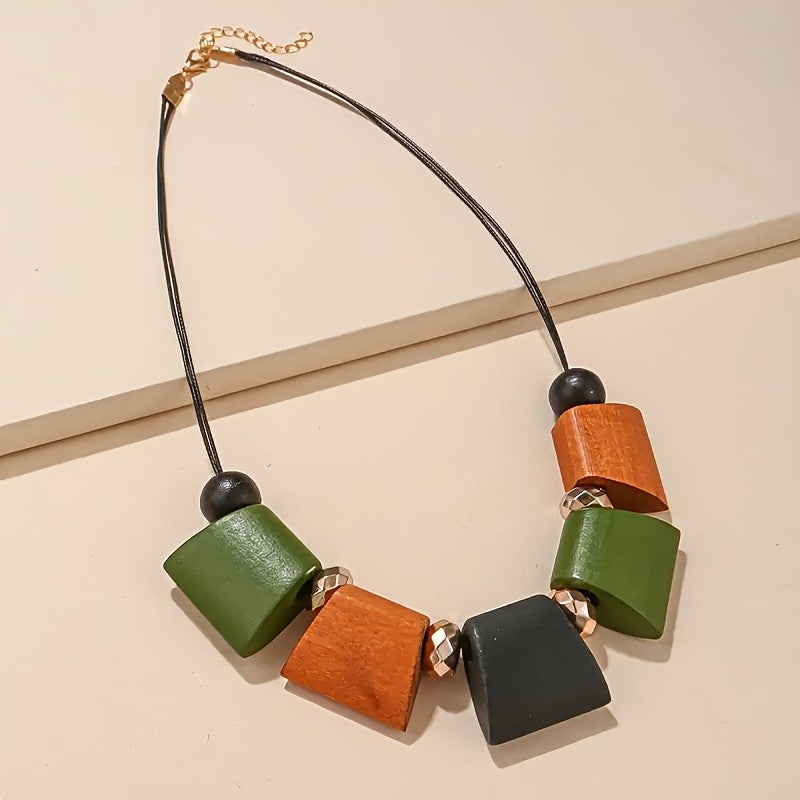 Color Block Trapezoid Wood Necklace